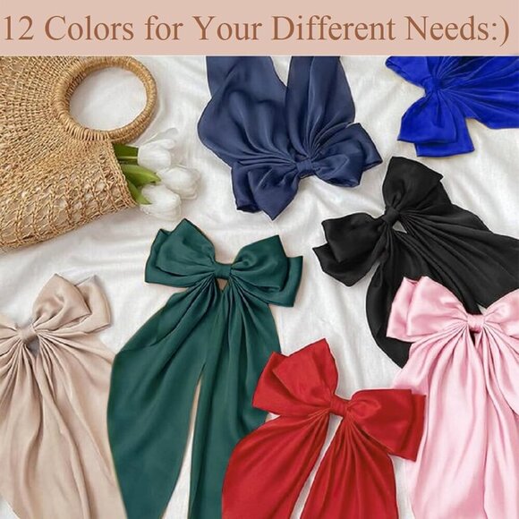 12PCS Satin Hair Bows for Women Oversized Large Tails Festive Gift Accessory main image 5